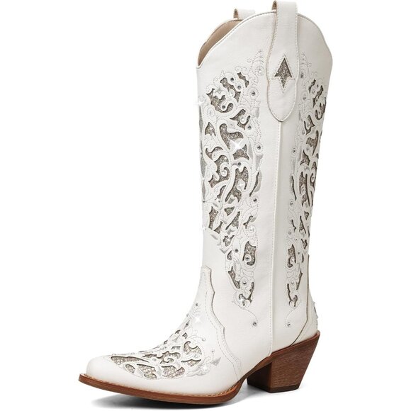 Women Microfiber White Rhinestones Pointed Toe Chunky Heel Knee High Boots - Picture 1 of 7